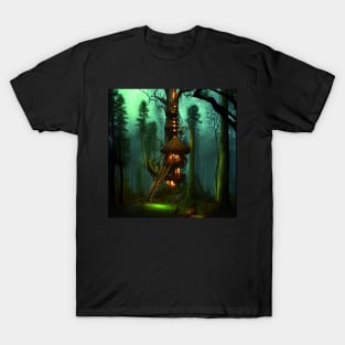 Magical Cottage Tree House with Lights in Forest with High Trees, Scenery Nature T-Shirt